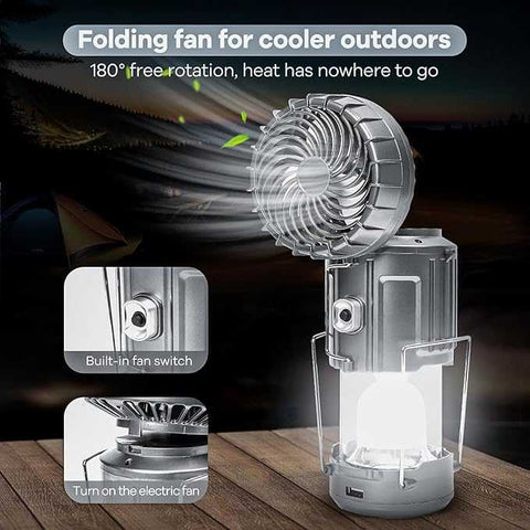 6-in-1 Portable Camping Lantern | Solar + USB Rechargeable LED Light with Fan